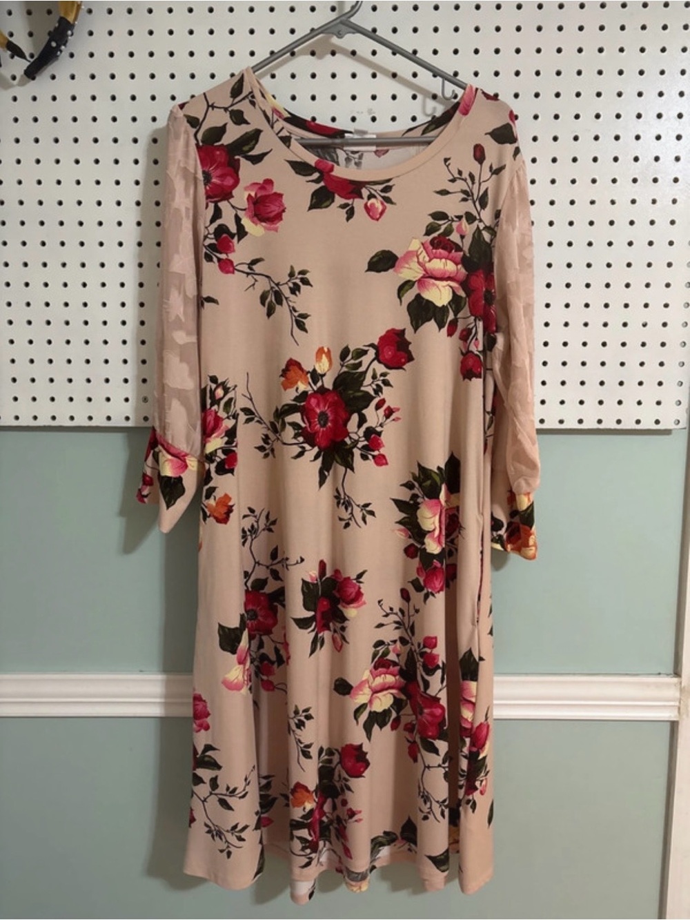 LuLaRoe Beige Midi Dress with Pink & Red Floral Print